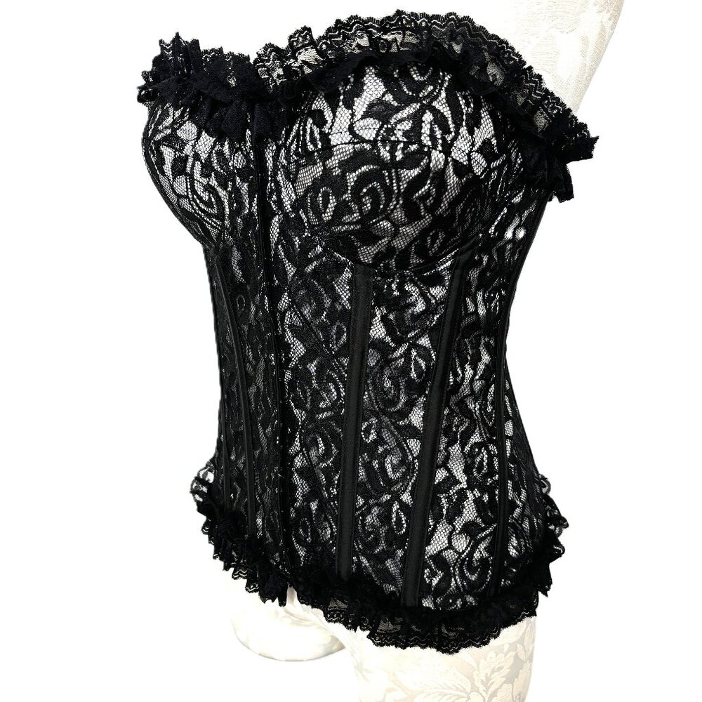 * Shirley Black Lace over white Corset Top trimmed w/ black lace ruffle XXL